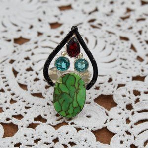 Vintage Green Turquoise w\ Glass Garnet & Topaz Color Stones